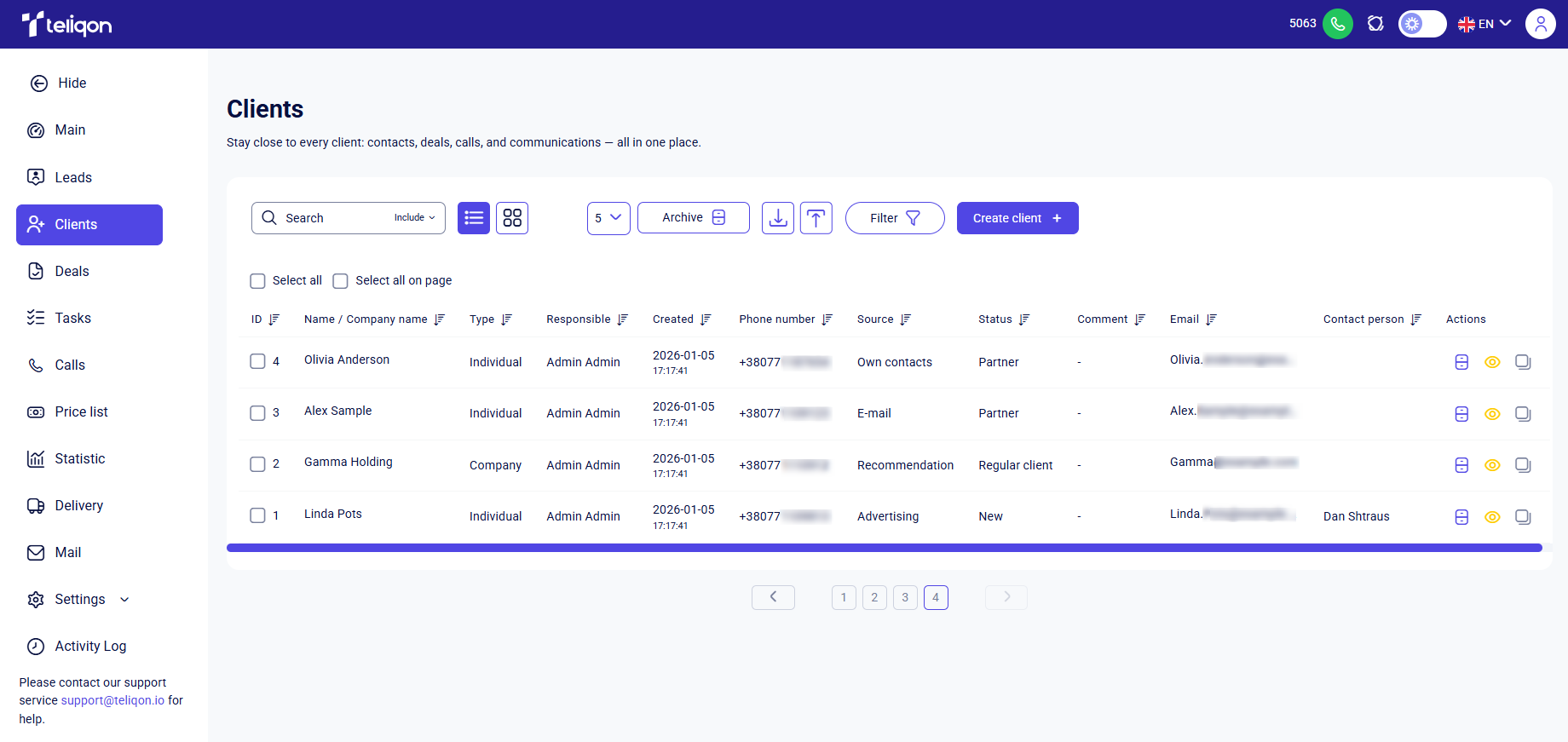 CRM clients list page with table, sidebar, search, and Create client button