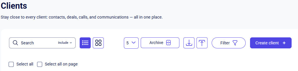 CRM clients toolbar with search, view toggles, Archive, Filter, and Create client