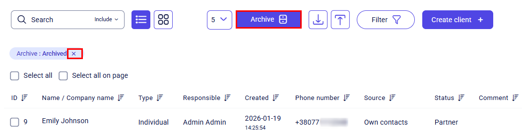 CRM clients archived list with Archive button and Archive Archived filter chip