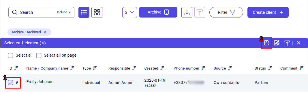 CRM clients archived row selected with Unarchive icon on purple action bar