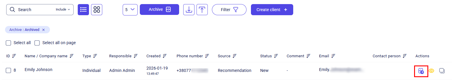 CRM clients archived table row with Unarchive icon highlighted in Actions