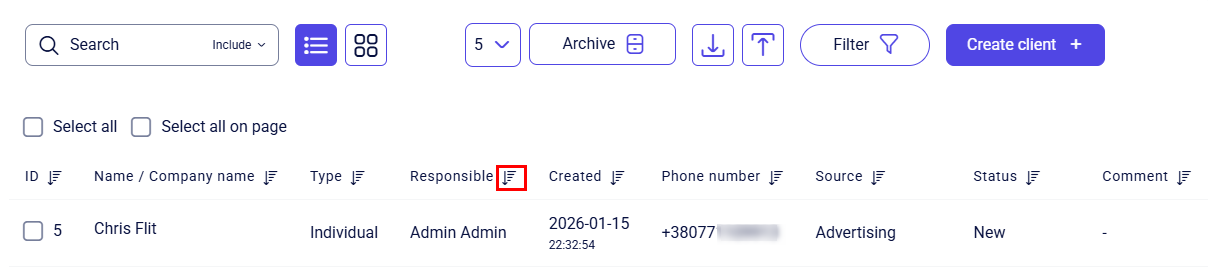 CRM clients list table with sort icon highlighted on Responsible column