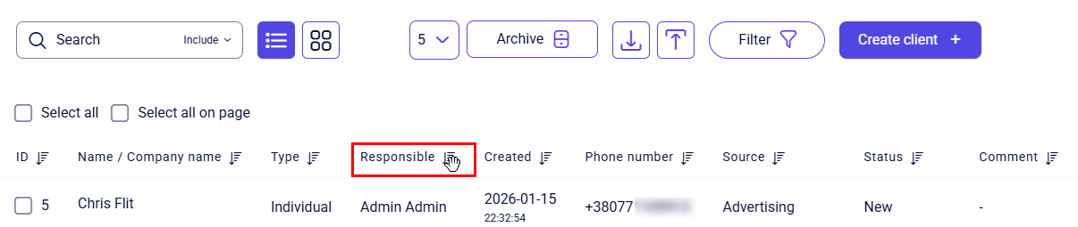 CRM clients list with hand cursor on Responsible column header