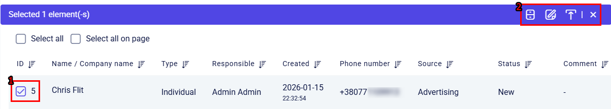 CRM clients list with one row selected and purple bulk action bar