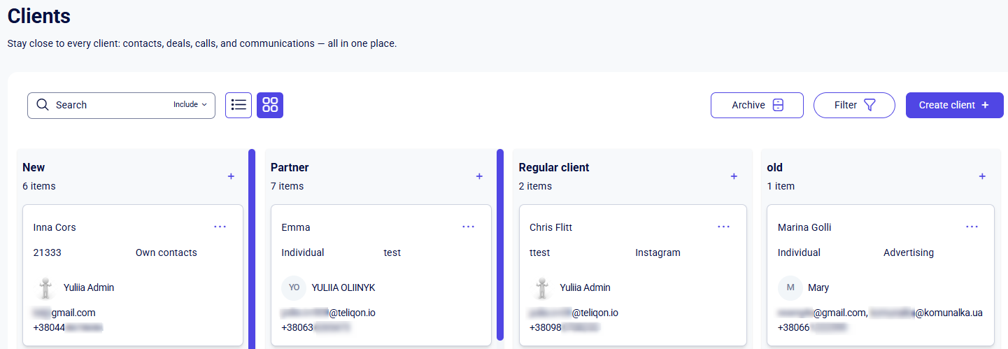 CRM clients board view with New, Partner, Regular client, and old columns