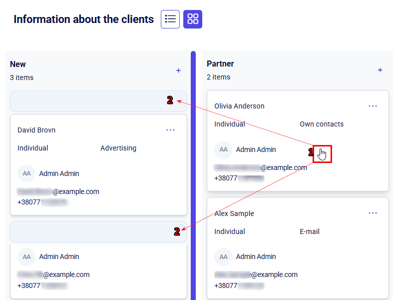CRM clients board showing card dragged from Partner toward New column