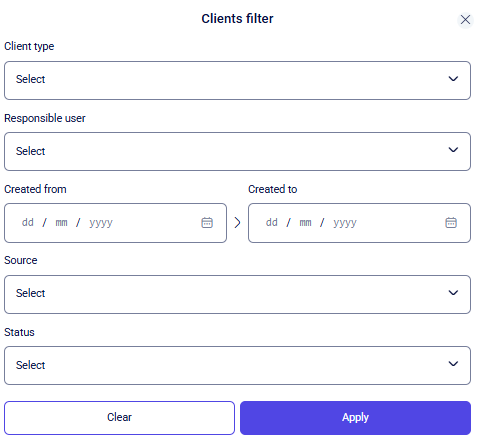 CRM clients filter modal with type, user, dates, source, and status