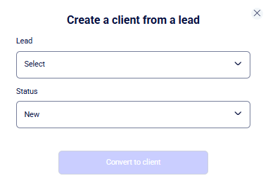CRM clients create-from-lead modal with Lead, Status, and Convert button