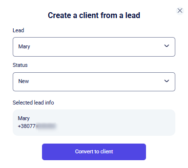CRM clients create-from-lead modal showing selected lead Mary and Convert
