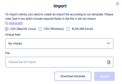 CRM clients Import modal with CSV format, unique field, and file picker