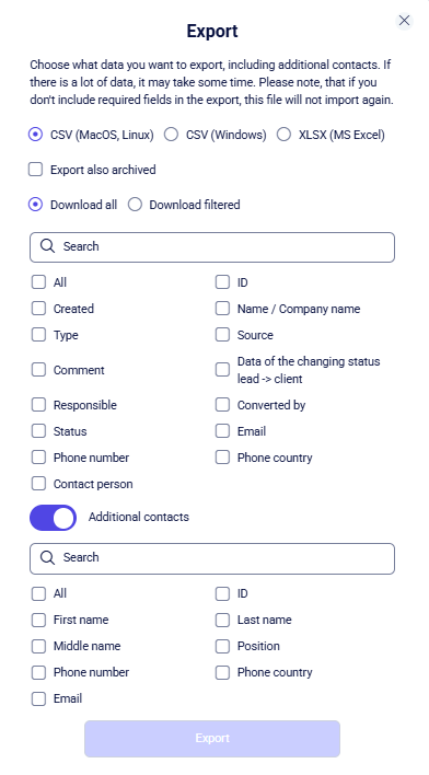 CRM clients Export modal with formats, field checkboxes, and Additional contacts