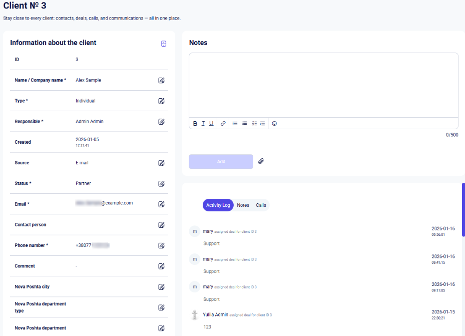 CRM clients profile for Alex Sample with info, notes, and activity log