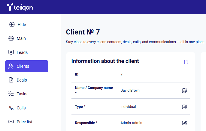 CRM clients profile for David Brovn with sidebar Clients item highlighted