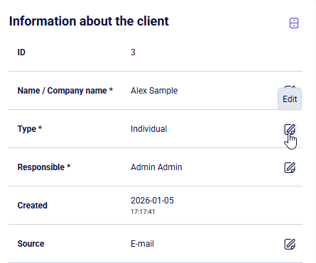 CRM clients profile fields with Edit tooltip on Type pencil icon
