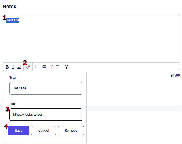 CRM clients Notes editor with link popup for Test site URL
