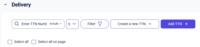 CRM clients Delivery toolbar with TTN search, Filter, Create and Add TTN
