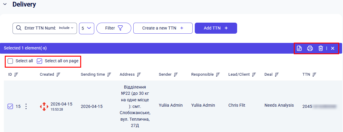 CRM clients Delivery list with purple bar and bulk print delete actions