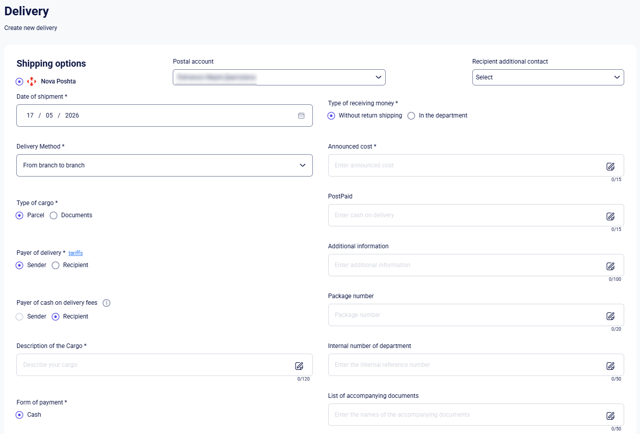 CRM clients Create new TTN form showing Nova Poshta shipping options fields