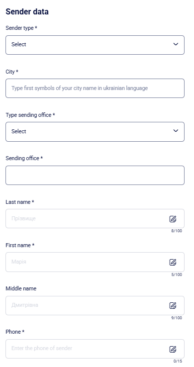 CRM clients Sender data form with type, city, office, name, and phone