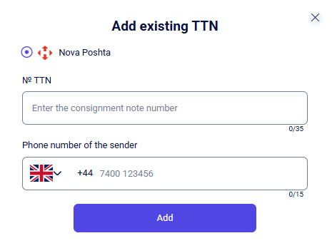 CRM clients Add existing TTN modal with Nova Poshta, number, and phone