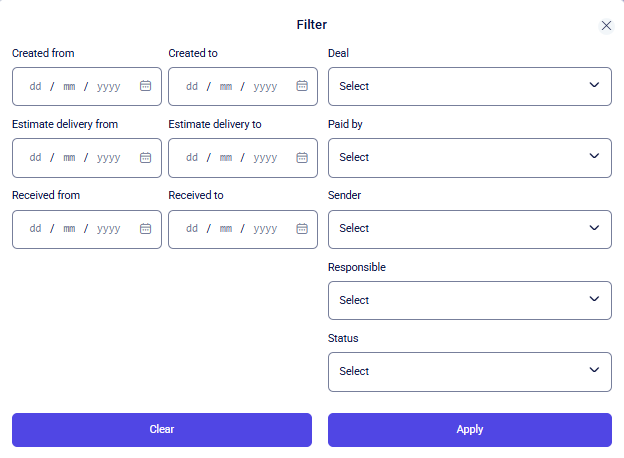 CRM clients Delivery Filter modal with date ranges and Deal Status dropdowns