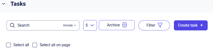 CRM clients Tasks toolbar with search, Archive, Filter, and Create task