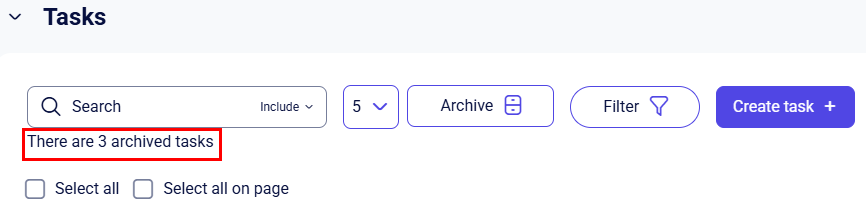 CRM clients Tasks toolbar showing There are 3 archived tasks counter