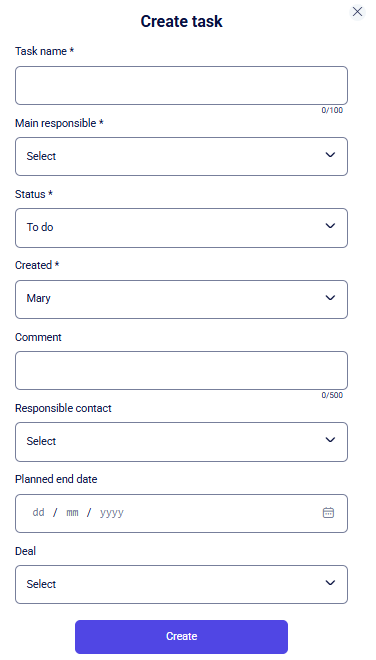 CRM clients Create task modal with name, responsible, status, and Create