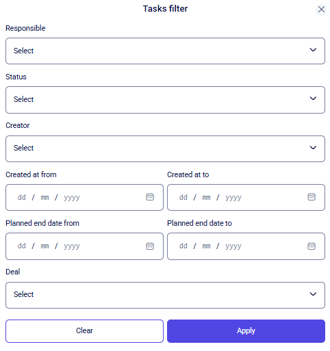 CRM clients Tasks filter modal with responsible, status, dates, and Deal