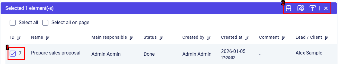 CRM clients Tasks list with one task selected and purple bulk action bar