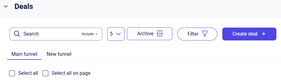 CRM clients Deals toolbar with search, Archive, Filter, and Create deal