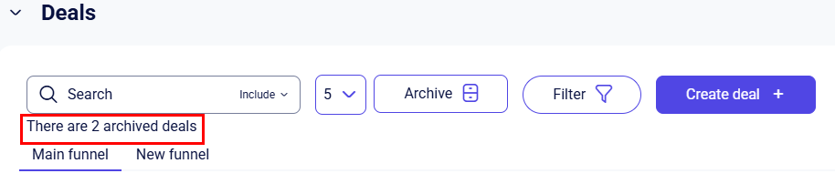 CRM clients Deals toolbar showing There are 2 archived deals counter