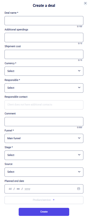CRM clients Create a deal modal with name, funnel, stage, and Create