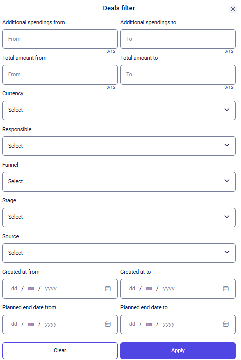 CRM clients Deals filter modal with amounts, dropdowns, and date ranges