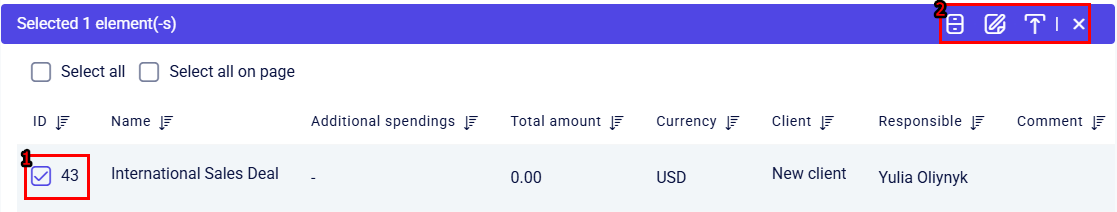CRM clients Deals list with one deal selected and purple bulk action bar