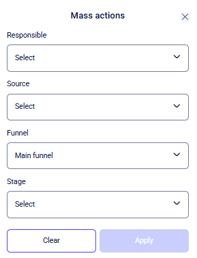 CRM clients Deals Mass actions modal with Responsible, Source, Funnel, Stage