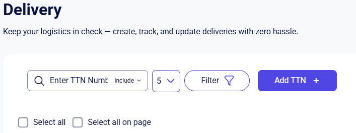 CRM delivery toolbar with TTN search, Filter, Add TTN, and select checkboxes