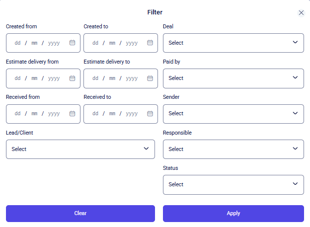 CRM delivery Filter dialog with date ranges, status dropdowns, and Apply