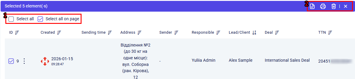 CRM delivery bulk bar showing five selected items with print and delete