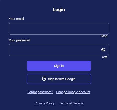 CRM login page with email, password fields, character counters, and Google sign-in