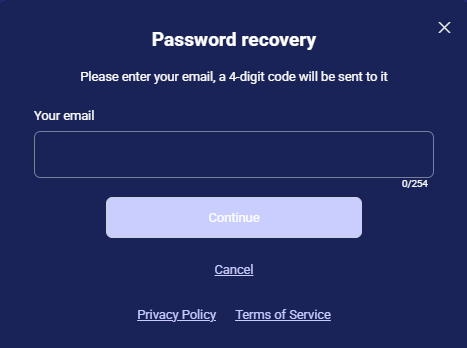 CRM login password recovery dialog with email field and Continue button