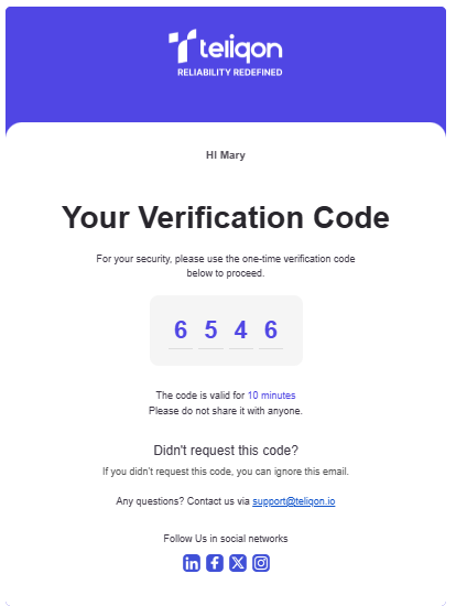 CRM login verification email showing a one-time code and ten-minute notice