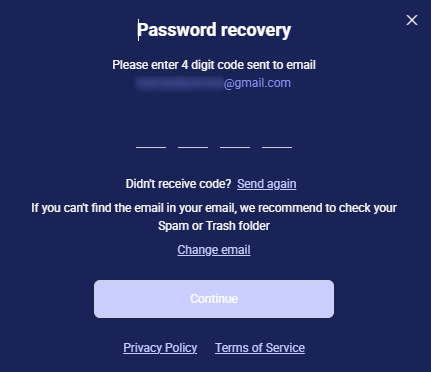 CRM login password recovery form with four-digit code slots and Continue