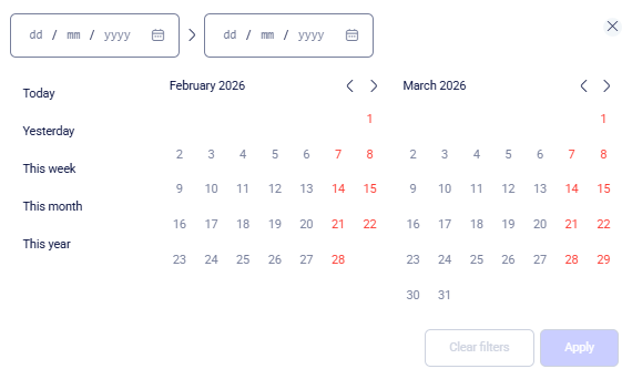 CRM statistic Total Range picker with presets and February March calendars