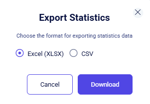 CRM statistic Export Statistics dialog with Excel selected and Download button