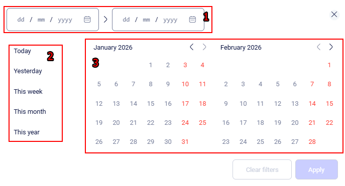 CRM statistic Range picker showing date inputs, presets, and dual-month calendar