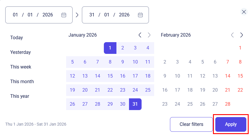CRM statistic date range picker with Apply button highlighted in a red box