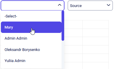 CRM statistic Manager dropdown open with Mary highlighted beside Source