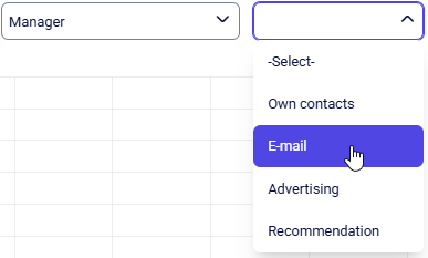 CRM statistic Source dropdown open with E-mail highlighted beside Manager