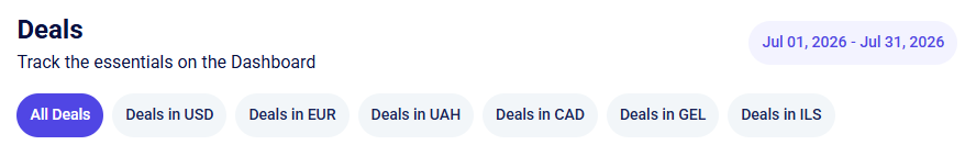CRM statistic Deals header with All Deals active and currency filter pills